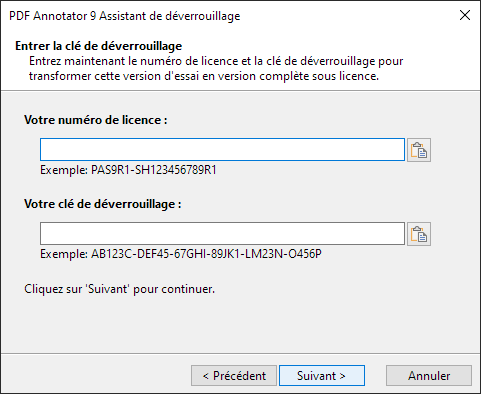 Entrez le numéro de licence et la clé de déverrouillage